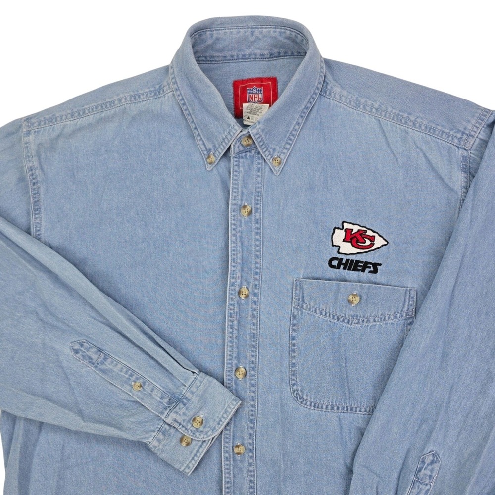Kansas City Chiefs Denim Shirt Mens Large Blue Embroidered Logo Button Down NFL